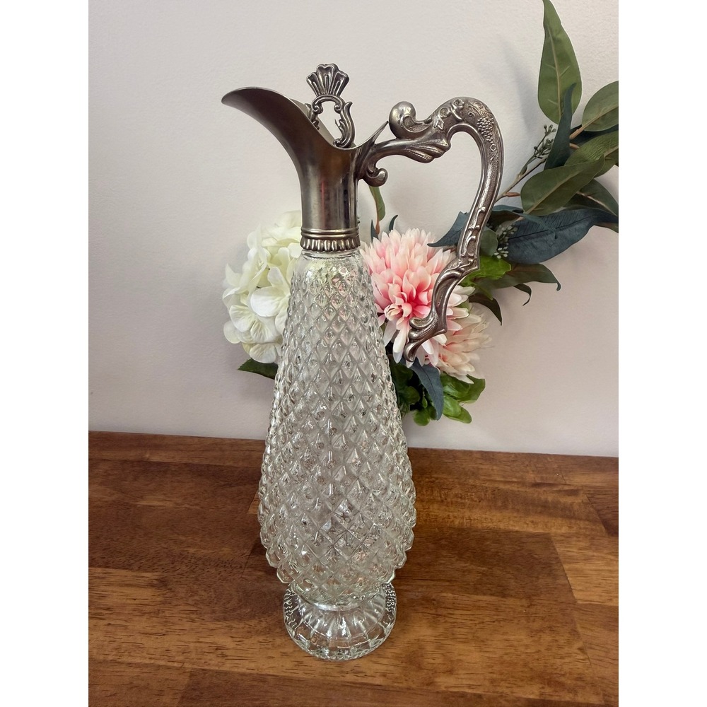 Vintage Cut Glass Claret‎ Jug Silver Plate Wine Decanter Ornate Handle Barware